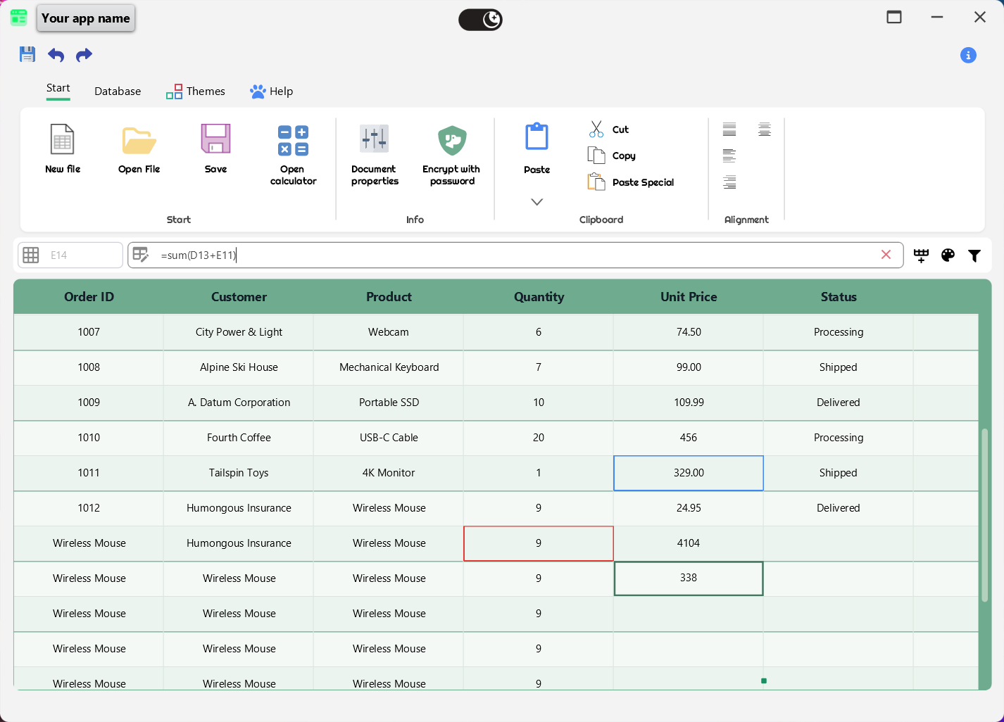 JTableview integrated into a B4J application with formula bar and cell selection