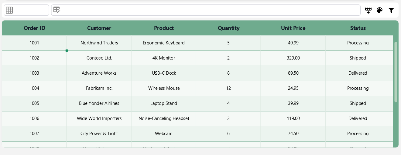 JTableview showing an orders table with columns, rows, selection and toolbar